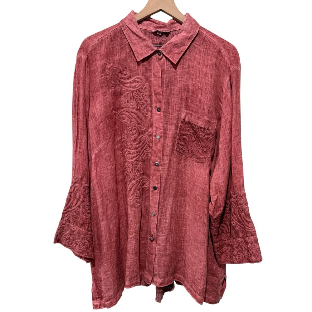 John Mark Womens 2X Top Red Embroidered Linen Long Sleeve Lace Trim Button Up